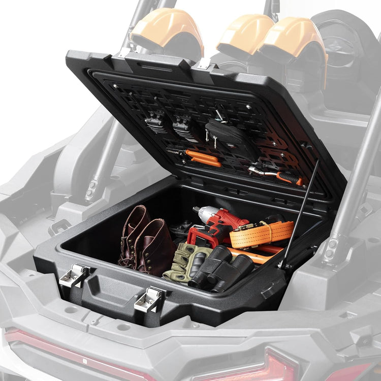 UTV and SXS storage and cargo accessories including roof racks, spare tire carriers, and storage bags